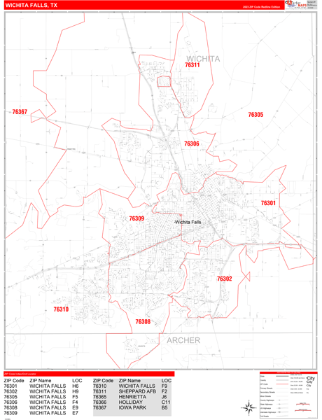 Wichita Falls City Wall Map Red Line Style